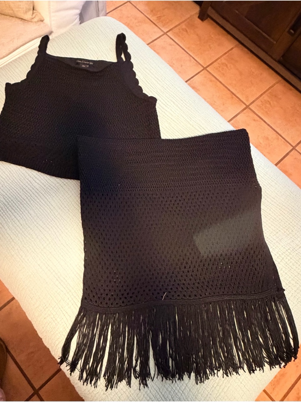House of Harlow 1960 Black Knit Crop Tank with Fringe Skirt Set
